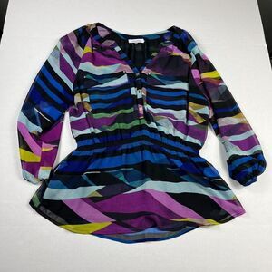 Calvin Klein Womens Peasant Blouse Striped Top Long Sleeve Artistic Shirt LARGE